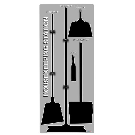 5S Supplies 5S Housekeeping Shadow Board Broom Station Version 1 - Gray Board / Black Shadows  With Broom HSB-V1-GRAY/BLACK-KIT